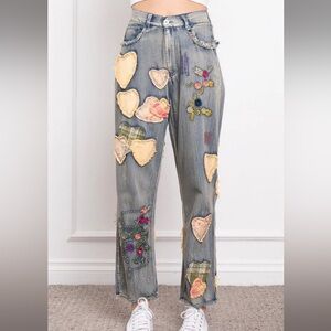 Heart patchwork pants blue with cream printed pink hearts NWT